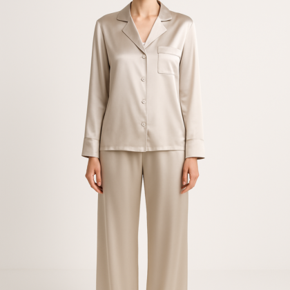Oyster silk pajama set with wide-leg pants