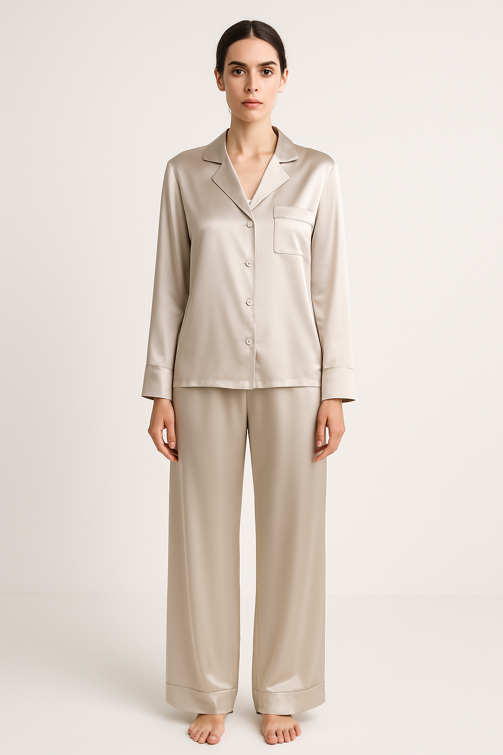 Oyster silk pajama set with wide-leg pants
