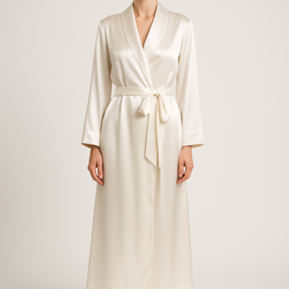 Pearl white silk dressing gown front view