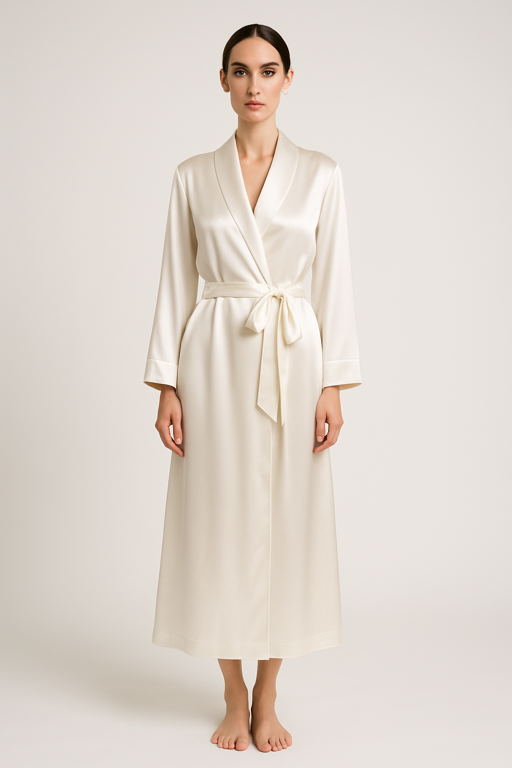 Pearl white silk dressing gown front view