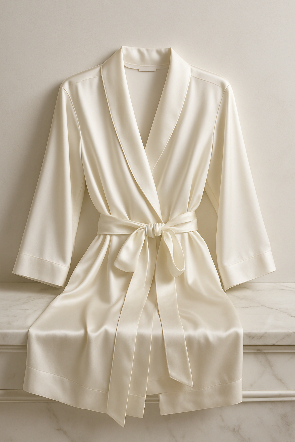 Pearl white silk dressing gown on marble surface