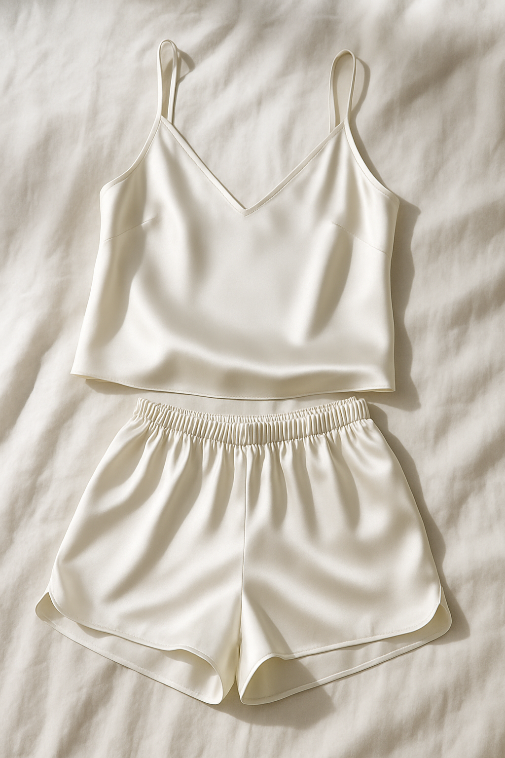 Pearl white silk camisole and shorts set