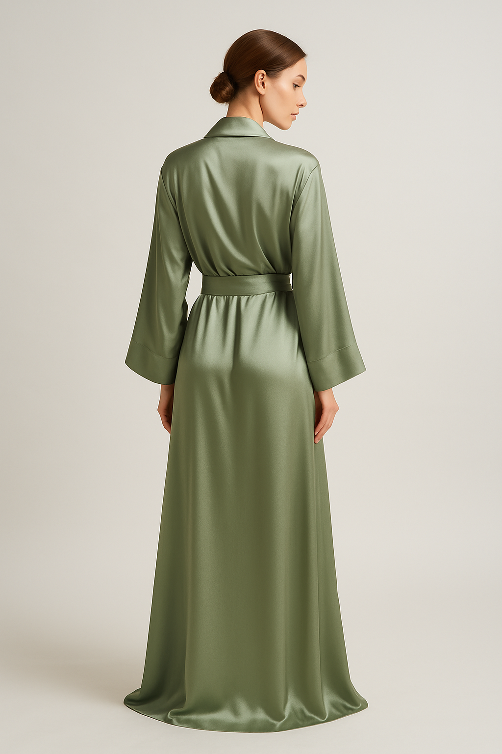 Sage green silk robe with belt back view