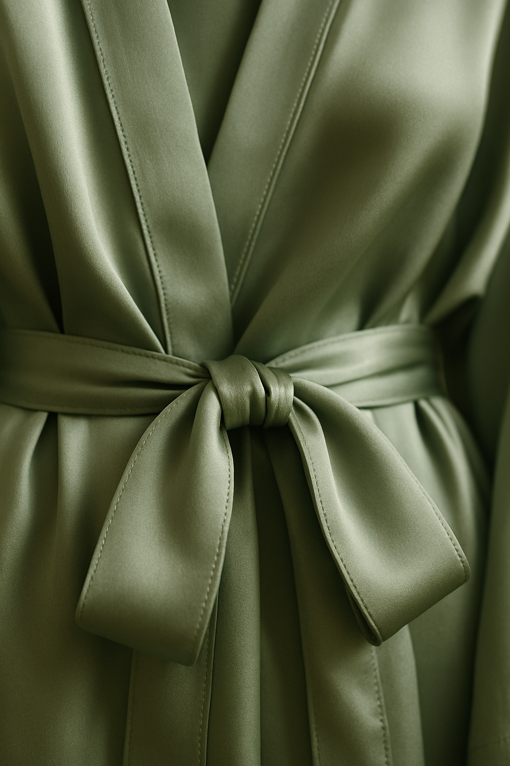 Green silk robe featuring elegant belt knot detail