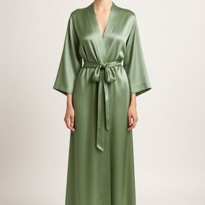 Sage green silk robe with tied belt front view