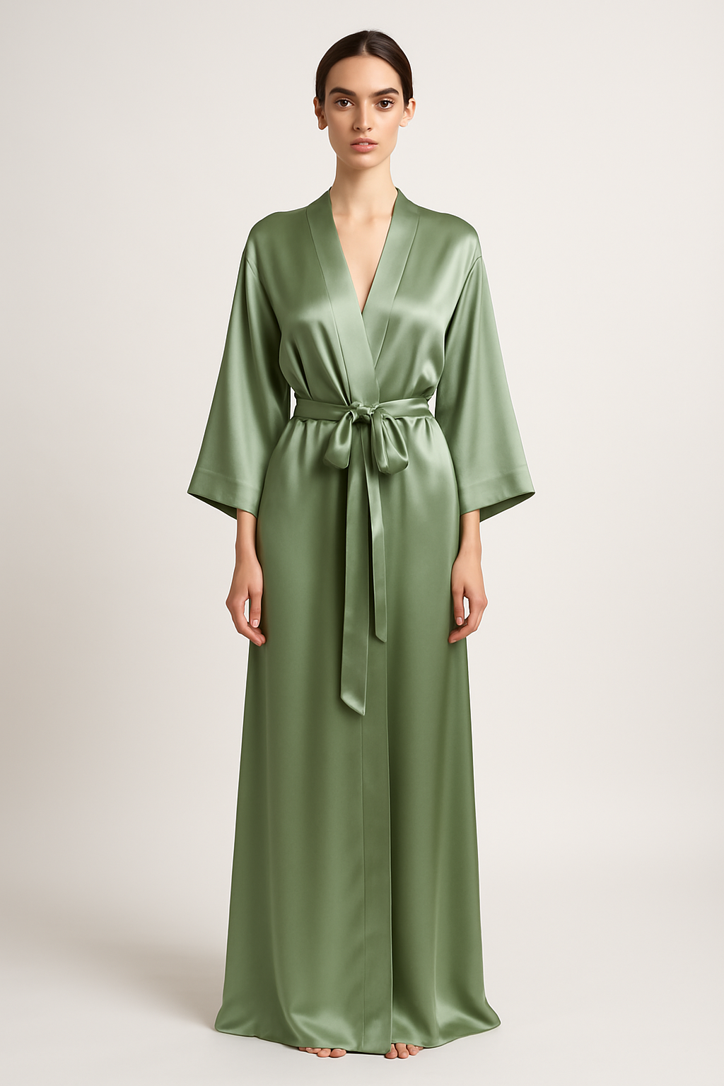 Sage green silk robe with tied belt front view