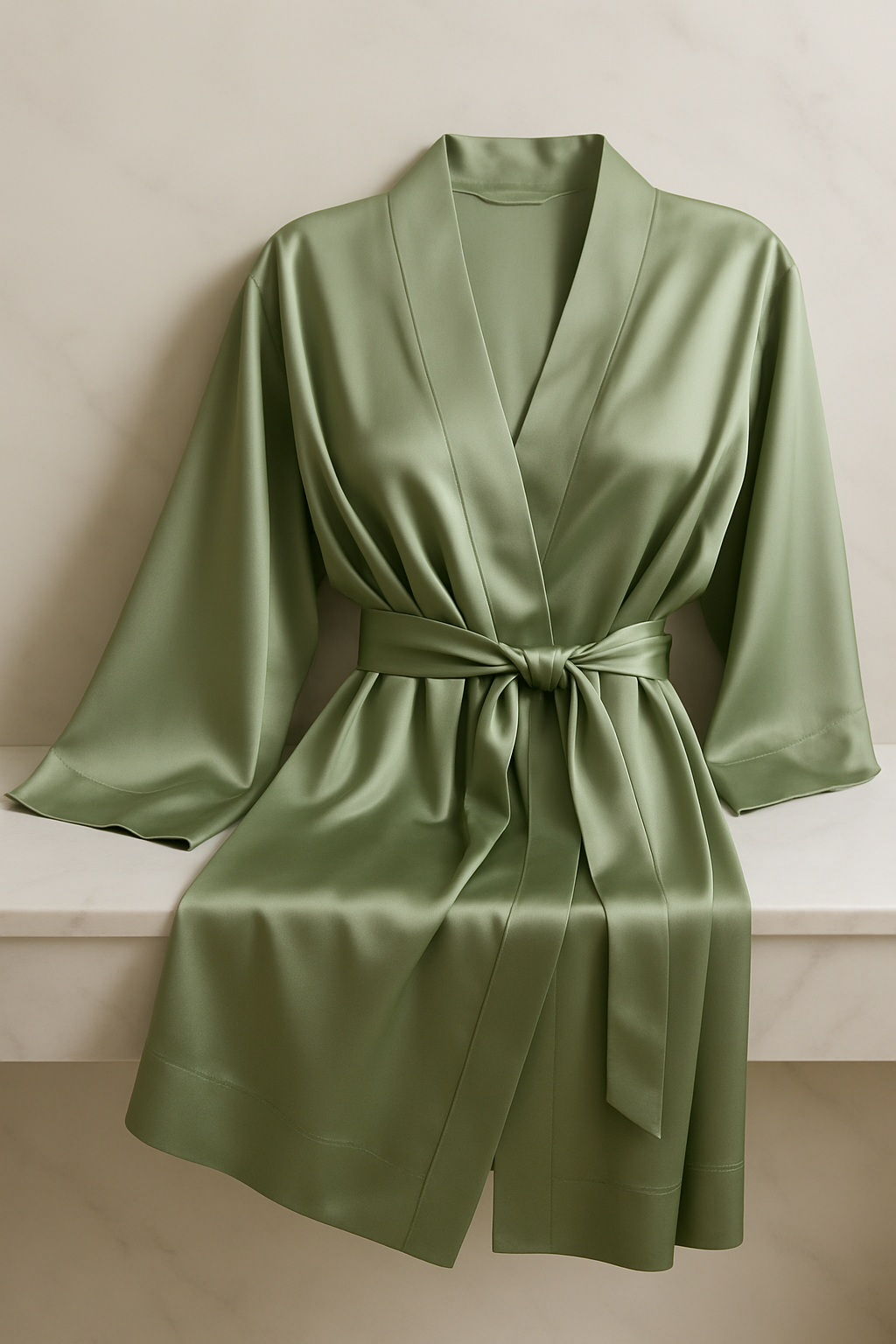Sage green long silk robe on bench