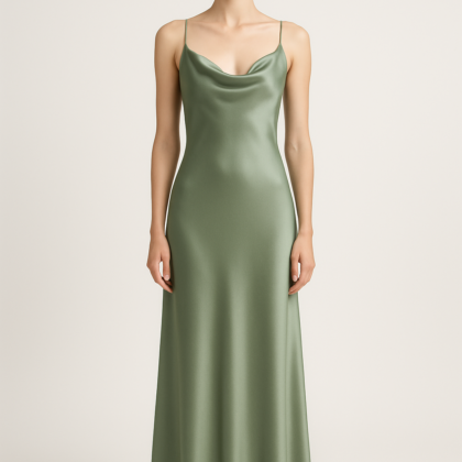 Sage green silk slip dress front view