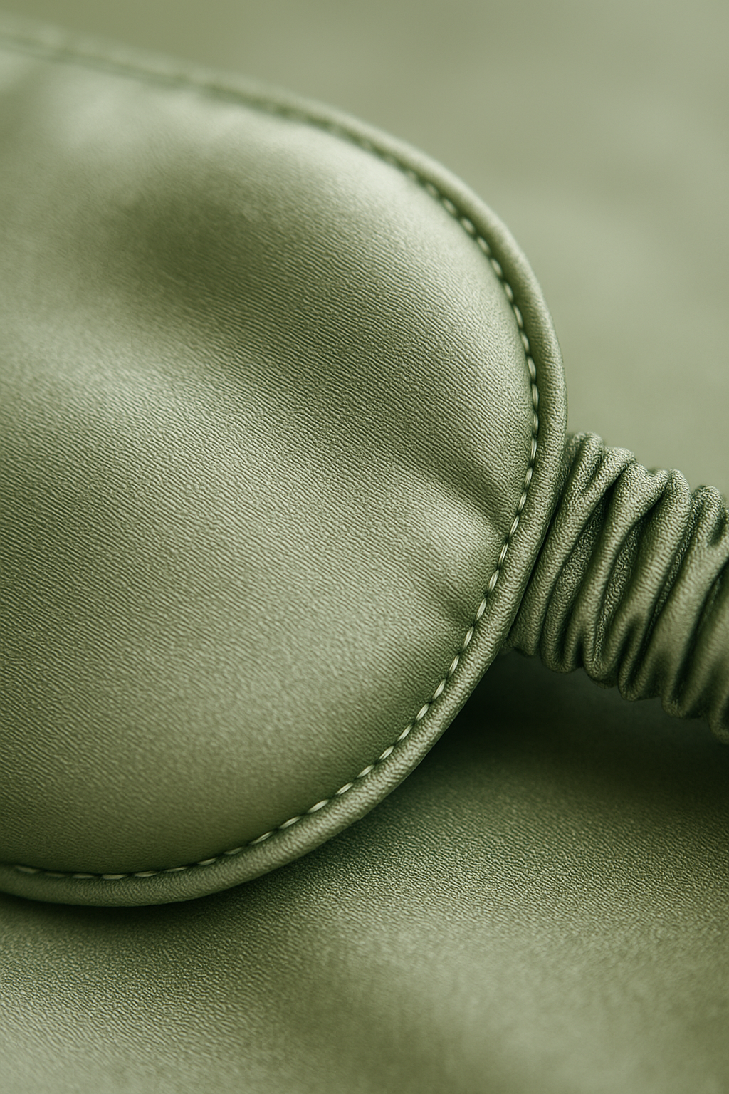 Close-up of sage green silk eye mask stitching
