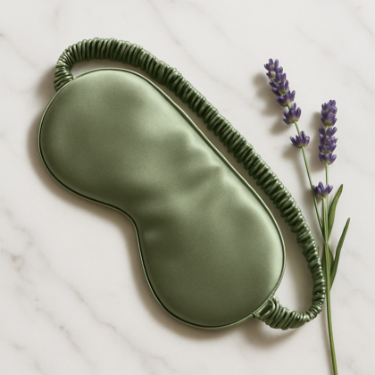 Sage green silk eye mask front with lavender