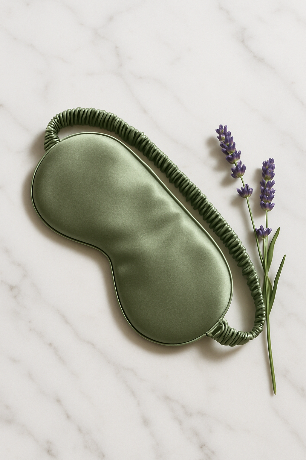 Sage green silk eye mask front with lavender