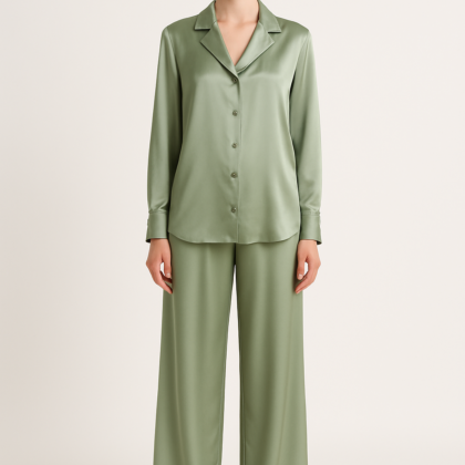 Sage silk wide-leg pant set front view