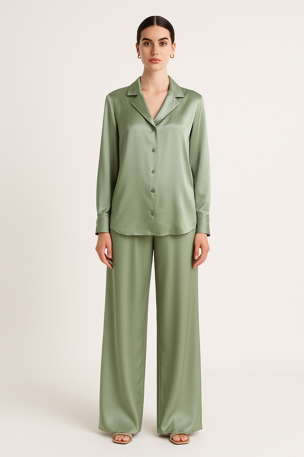 Sage silk wide-leg pant set front view