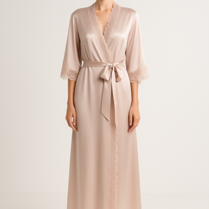 Soft blush silk robe with lace trim front