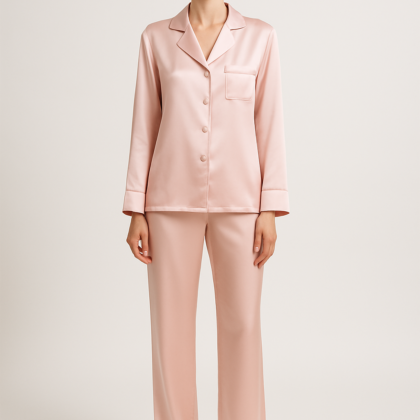 Soft Pink Classic Silk PJ Set – Elegant Comfort