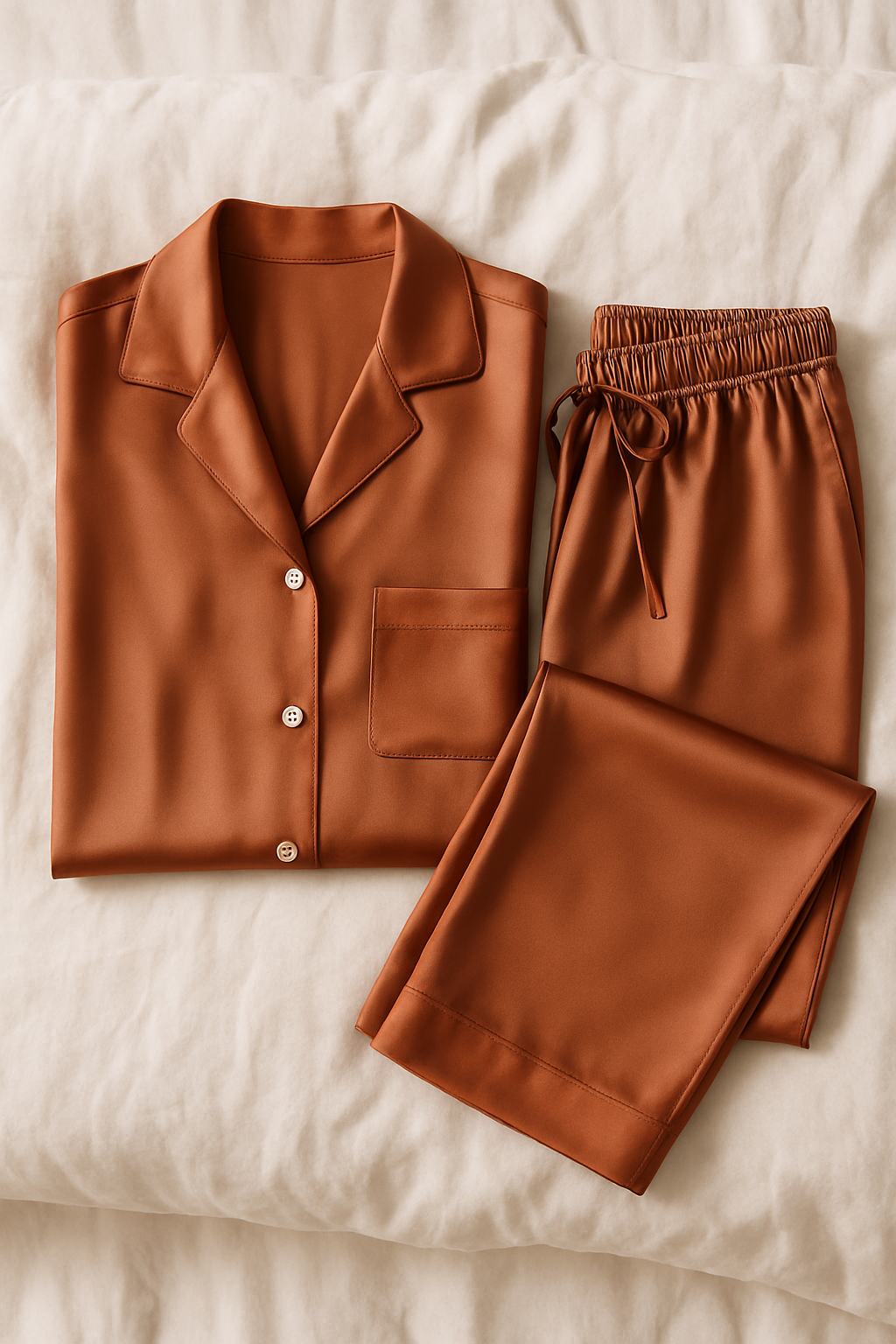 Folded terracotta silk pajamas with pocket detail