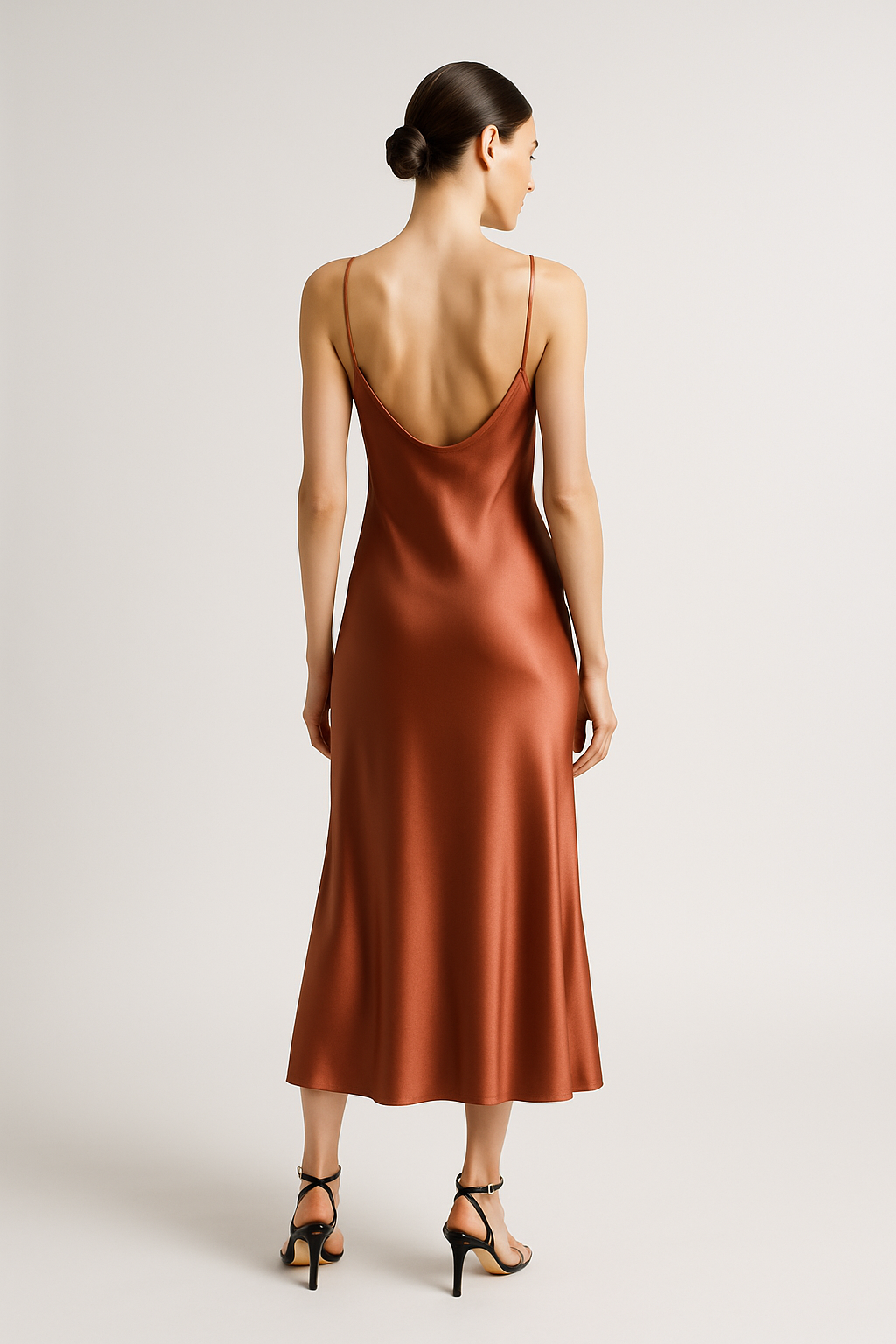 Terracotta slip dress with low back and spaghetti straps