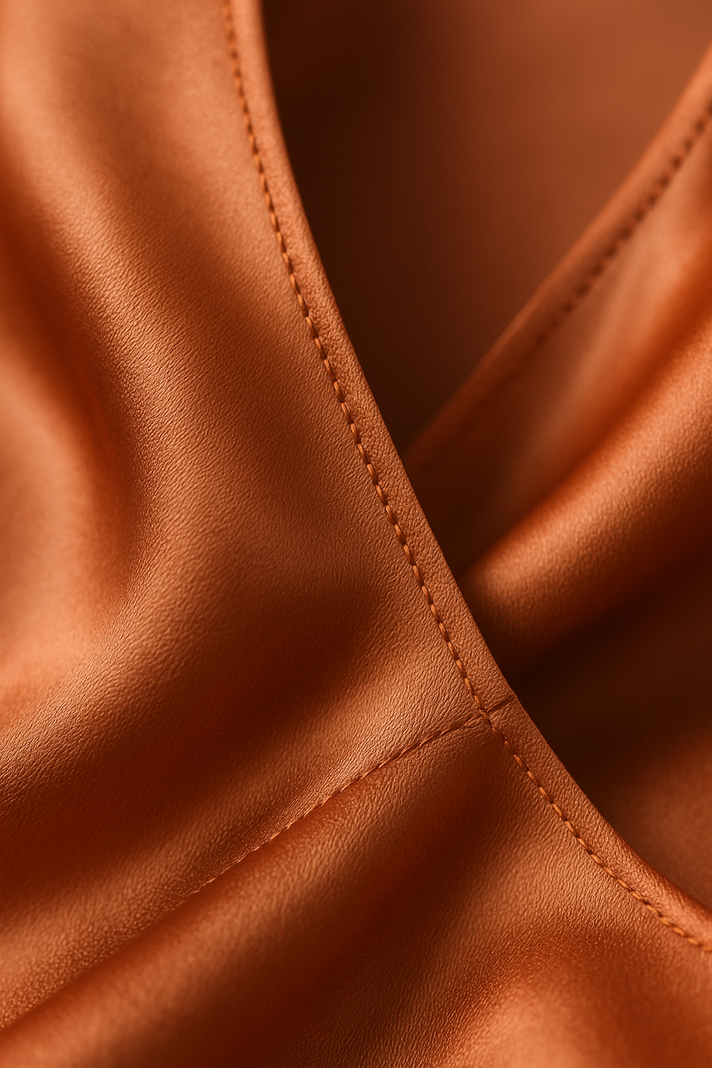 Terracotta silk fabric close-up with seam detail
