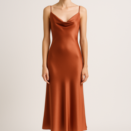 Front view of terracotta silk slip dress