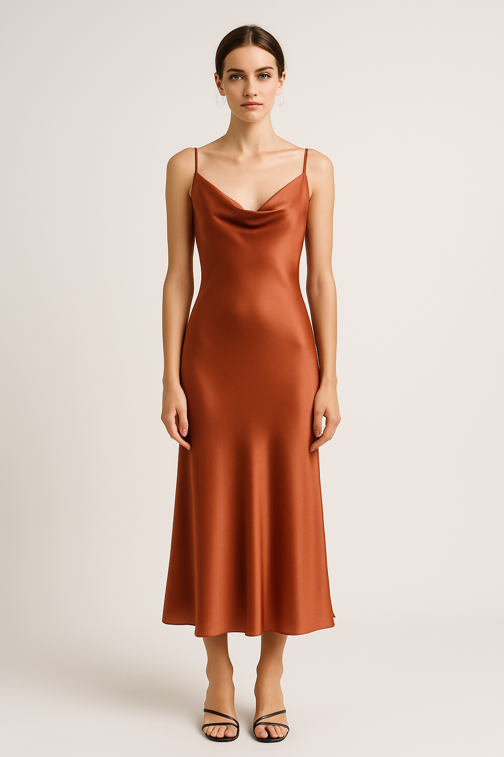 Front view of terracotta silk slip dress