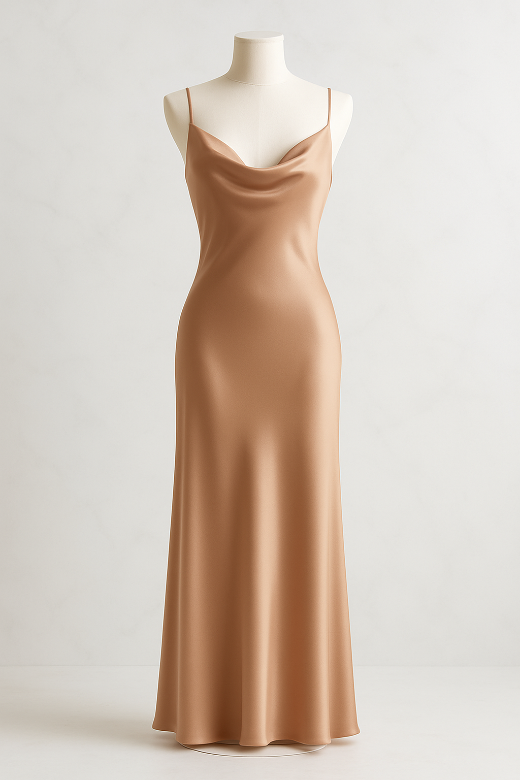 Warm nude silk maxi slip dress cowl neckline