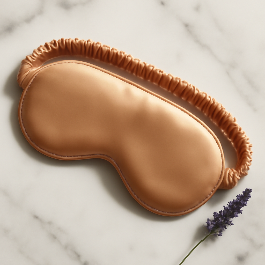 Warm nude silk sleep mask on marble surface