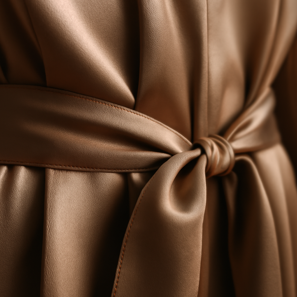 Warm taupe silk robe belt knot detail