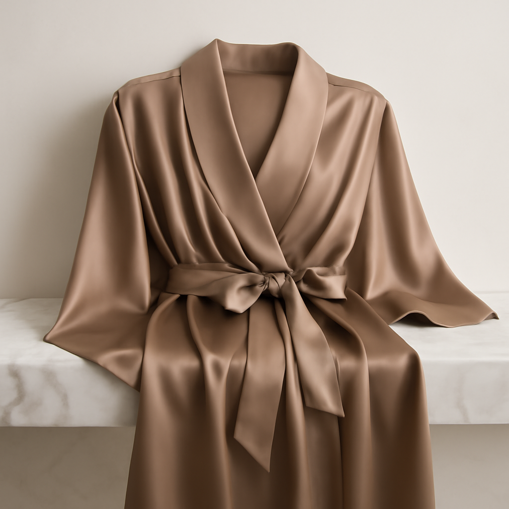 Warm taupe long silk robe with sash tie
