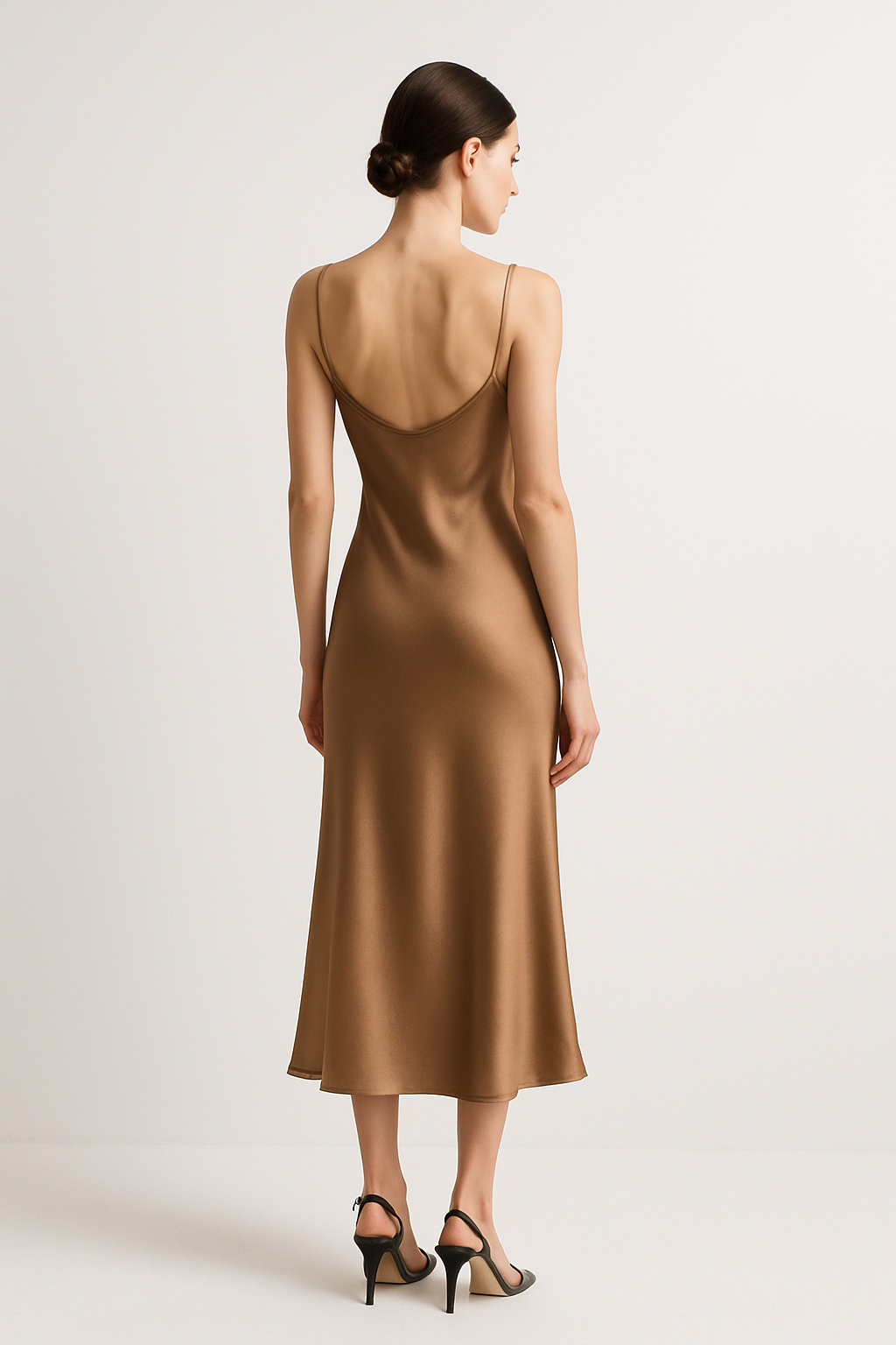 Warm taupe silk midi dress back view