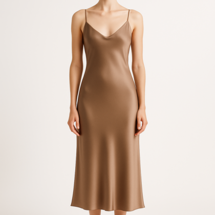 Warm taupe silk midi slip dress front