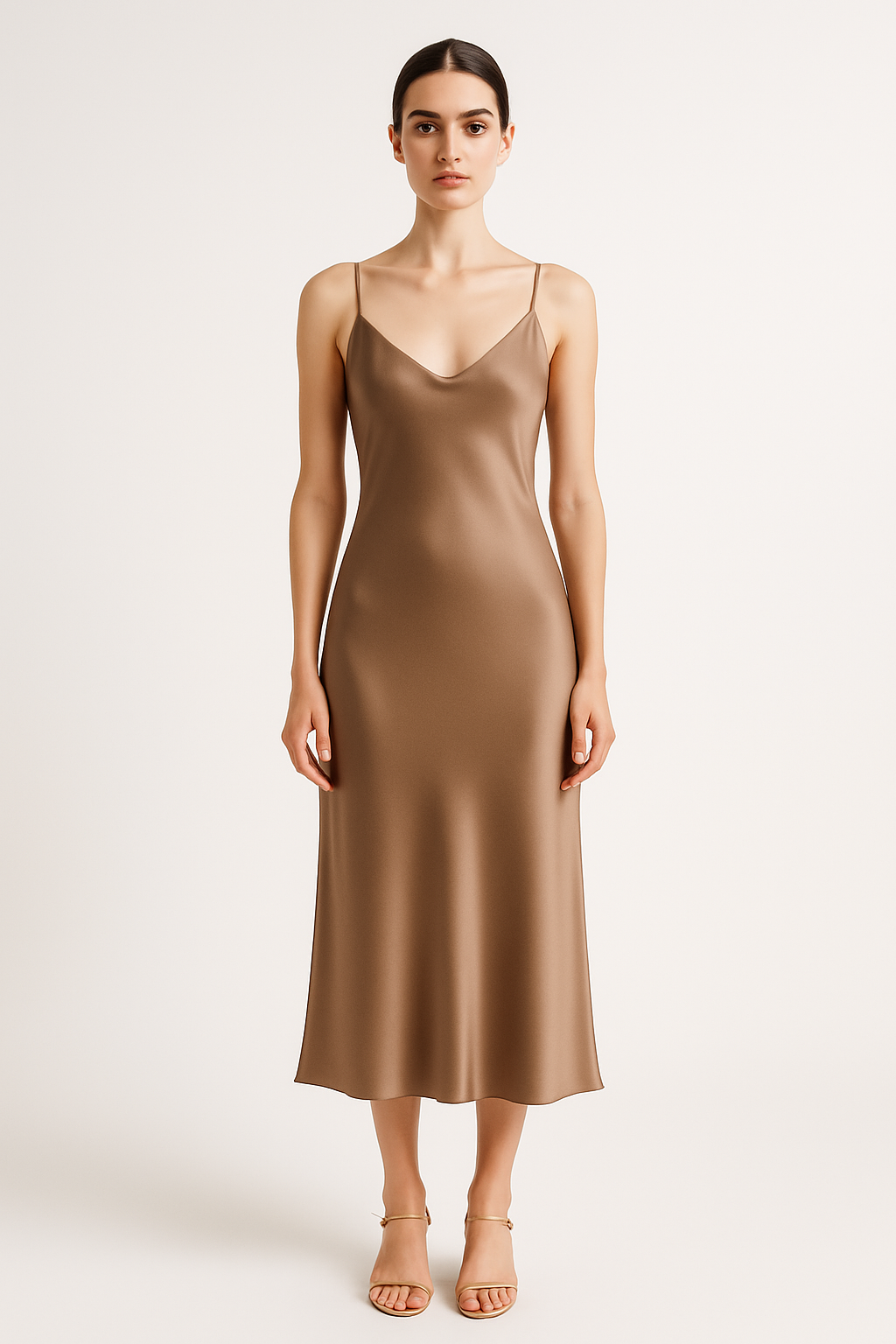 Warm taupe silk midi slip dress front