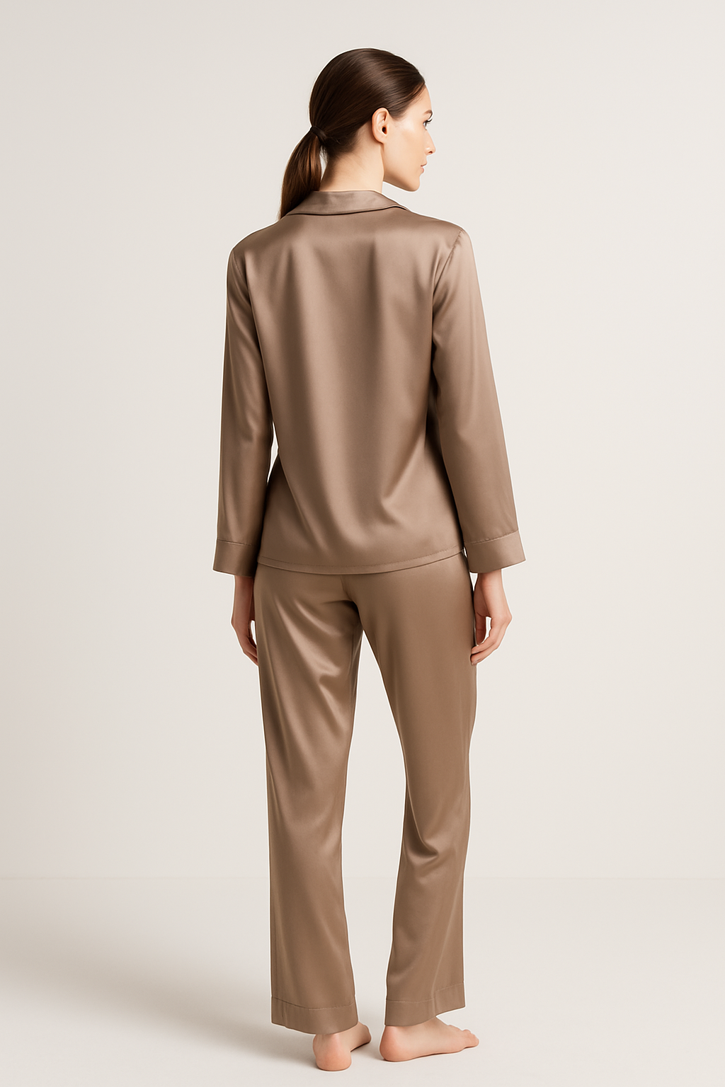 Warm Taupe Silk Sleep Set for Women – Serica Luxury - Image 2