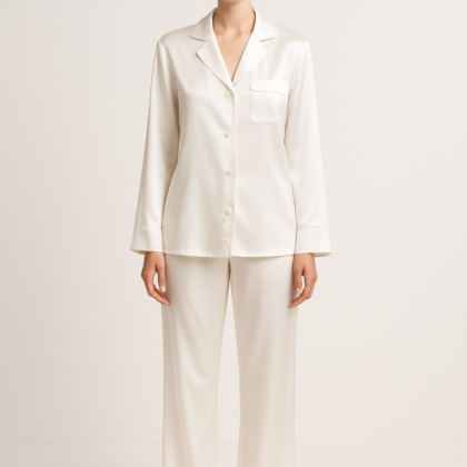 White silk pajama set with buttoned top