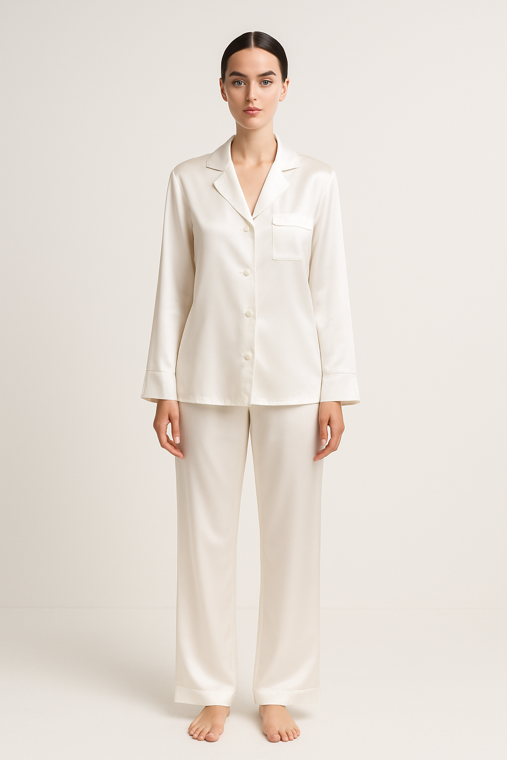 White silk pajama set with buttoned top