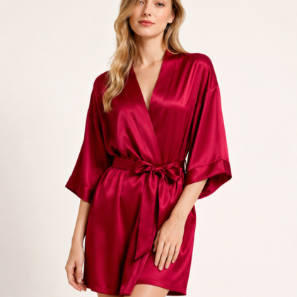 Ruby Red 100% Mulberry Silk Short Kimono Robe