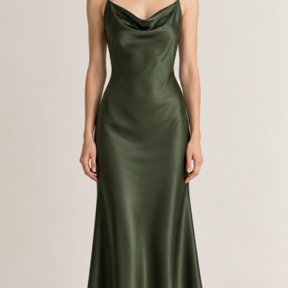 Dark Olive Green Mulberry Silk Cowl Neck Midi Slip Dress – 100% Pure Silk