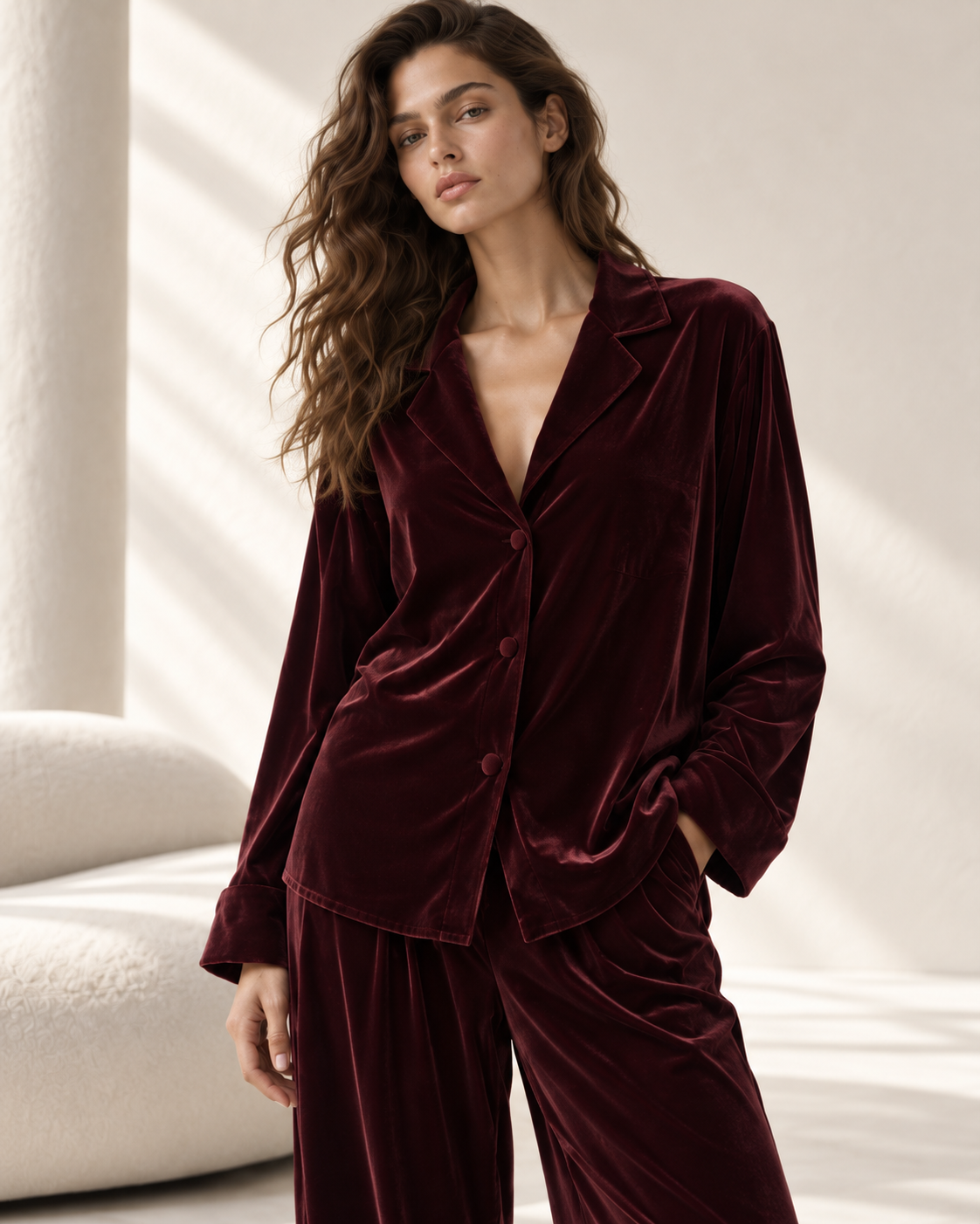 Burgundy Silk Velvet Pajama Set | Luxury Loungewear – Serica House - Image 4