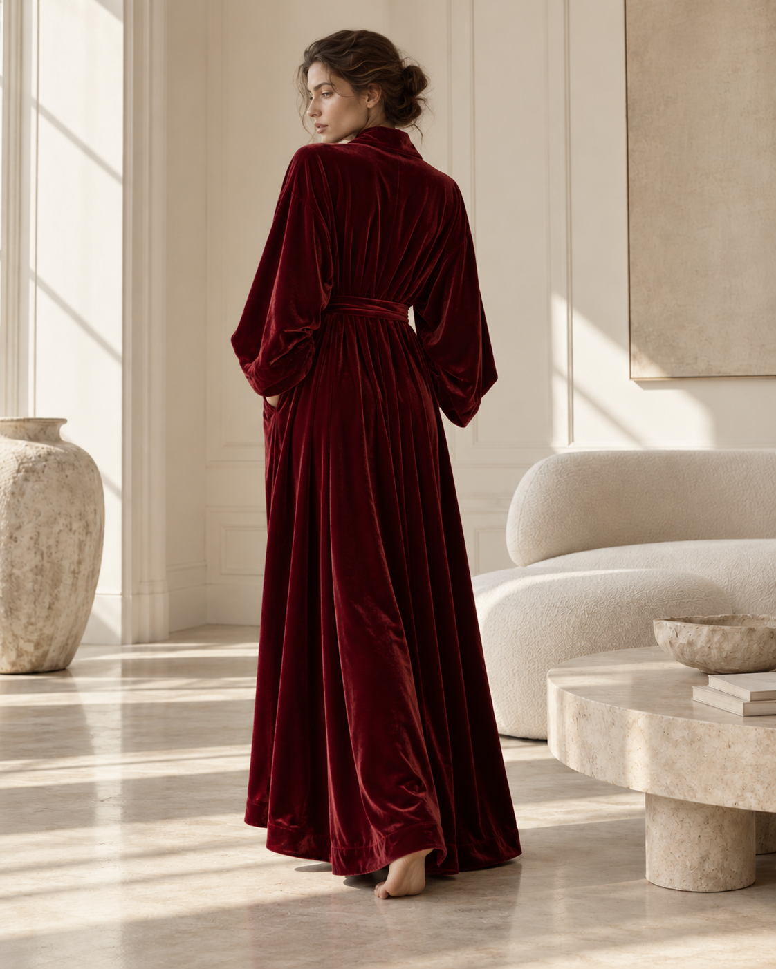 Burgundy Silk Velvet Long Robe | Luxury Women's Loungewear – Serica House - Image 3