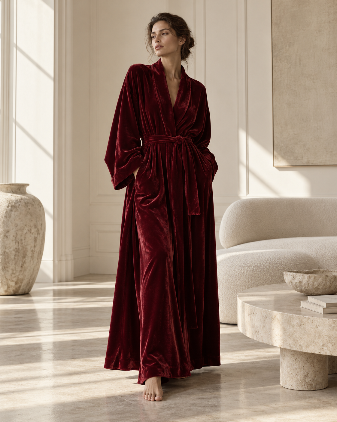 Burgundy Silk Velvet Long Robe | Luxury Women's Loungewear – Serica House - Image 2
