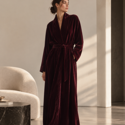Burgundy Silk Velvet Long Robe | Luxury Women's Loungewear – Serica House