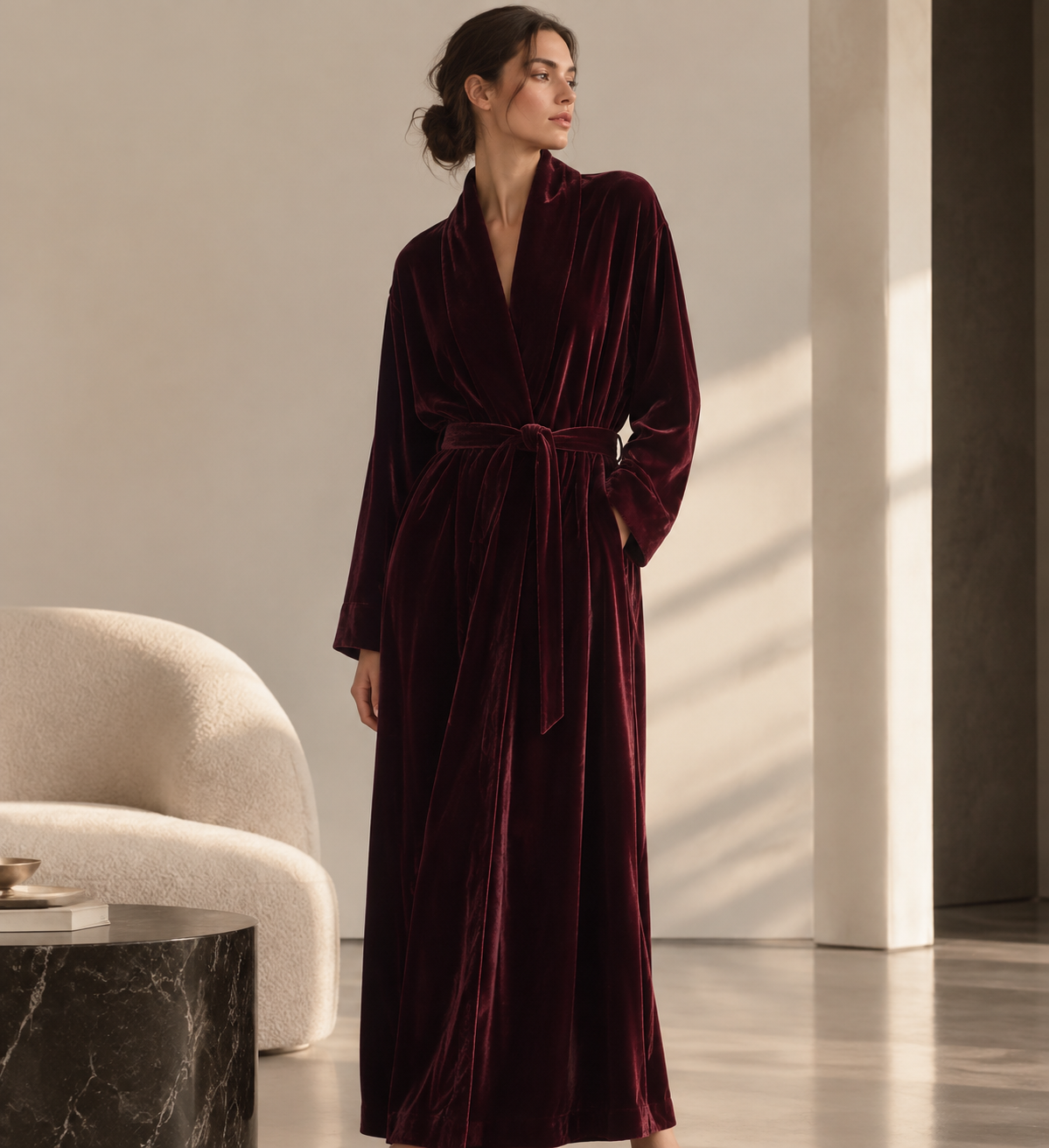 Burgundy Silk Velvet Long Robe | Luxury Women's Loungewear – Serica House