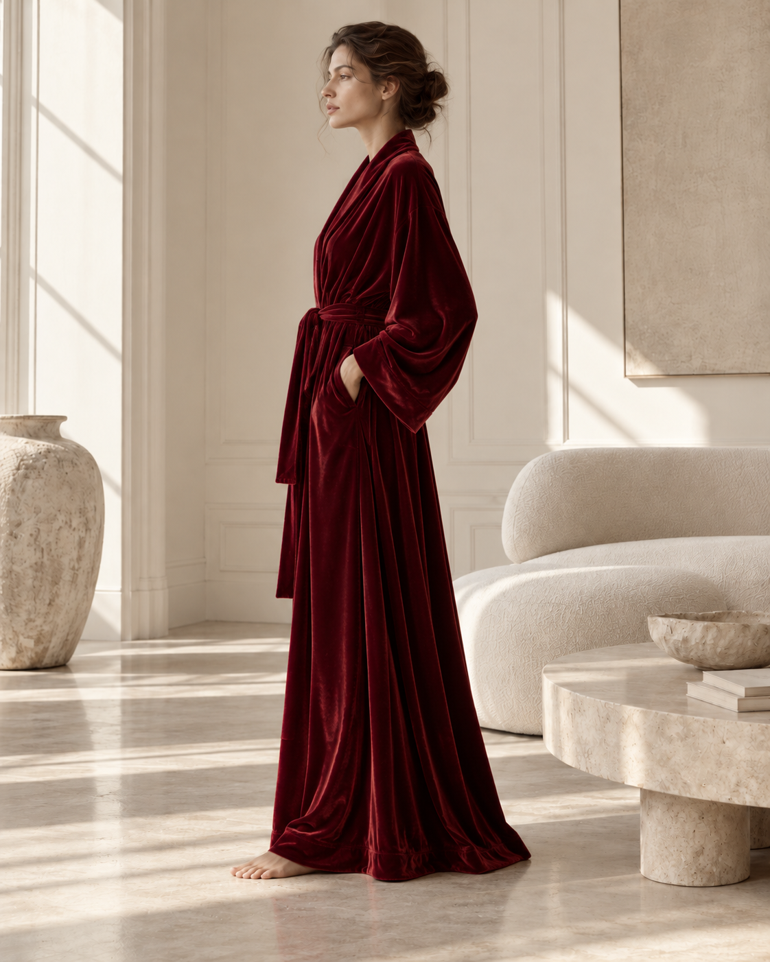 Burgundy Silk Velvet Long Robe | Luxury Women's Loungewear – Serica House - Image 4
