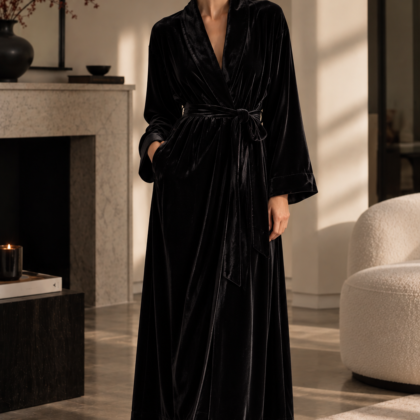 Black Silk Velvet Long Robe | Luxury Women's Loungewear – Serica House