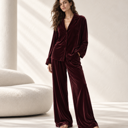 Burgundy Silk Velvet Pajama Set | Luxury Loungewear – Serica House